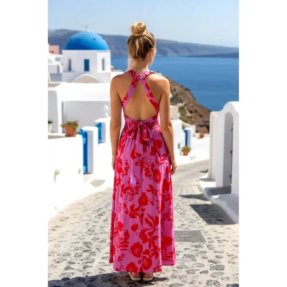 ABEL THE LABEL Anthropologie NEW Pink Red Floral Halter Maxi Dress XS Sleeveless - Picture 2 of 10